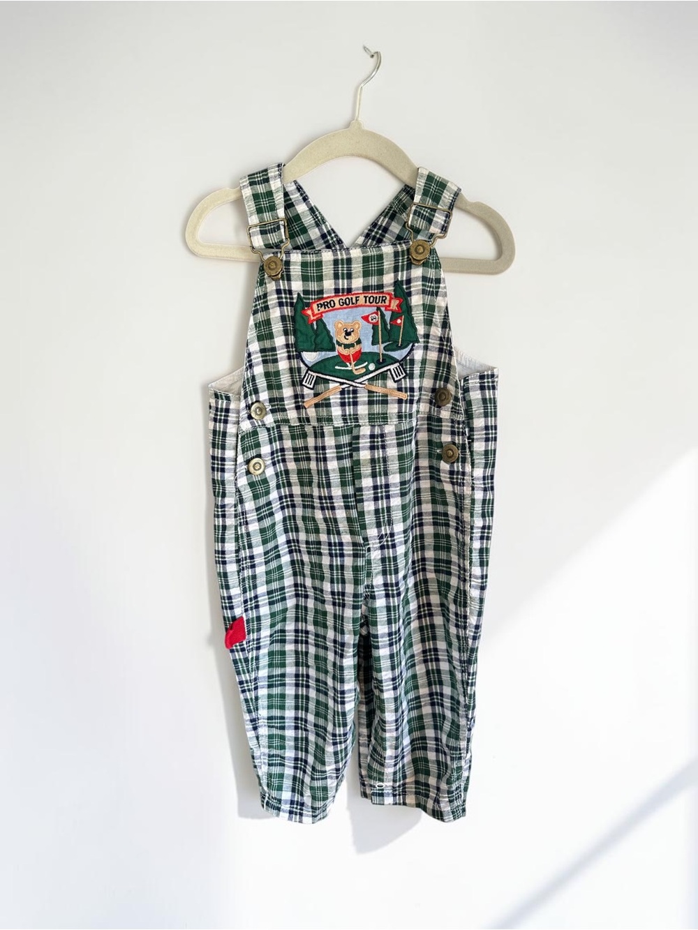 Vintage 90's Plaid Baby Overalls • Golf Theme, 18 Months